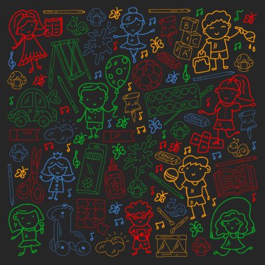 Anaokulu ve oyuncaklar. Küçük bir çocuk oyunu. Çocuk parkı. Eğitim, yaratıcılık, hayal gücü.