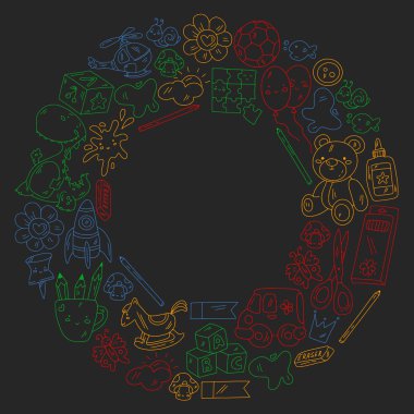 Anaokulu ve oyuncaklar. Küçük bir çocuk oyunu. Çocuk parkı. Eğitim, yaratıcılık, hayal gücü.