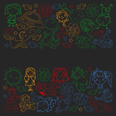 Çocuklar için çizilmiş nesneler. Oyuncaklar, oğlanlar ve kızlar. Anaokulu çocukları. Vektör ana hatları simgeleri