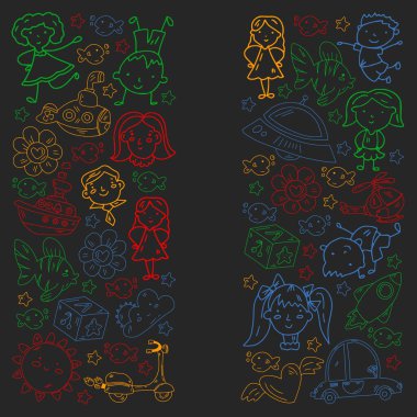 Çocuklar için çizilmiş nesneler. Oyuncaklar, oğlanlar ve kızlar. Anaokulu çocukları. Vektör ana hatları simgeleri