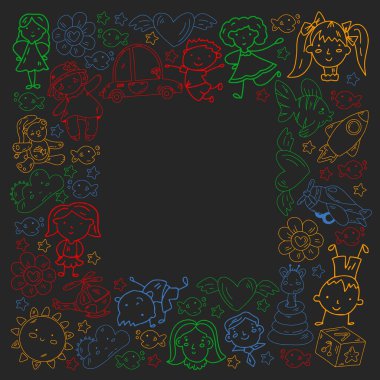 Çocuklar için çizilmiş nesneler. Oyuncaklar, oğlanlar ve kızlar. Anaokulu çocukları. Vektör ana hatları simgeleri