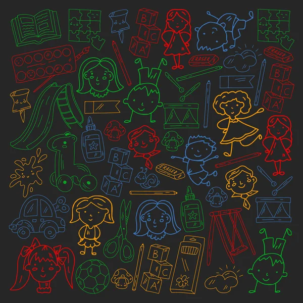 Anaokulu. Oyuncaklar ve küçük çocuklar için vektör deseni. Okul öncesi eğitim.