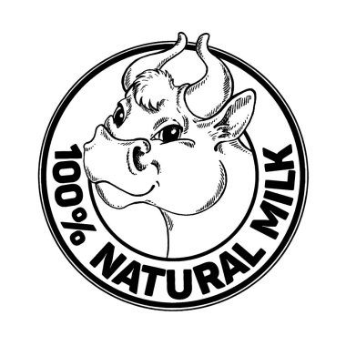 İnekler. Doğal Süt. Süt çiftliği. Etiket, poster ve logoti için klasik vektör oymacılığı. Beyaz arkaplanda izole