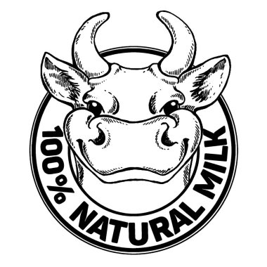 İnekler. Doğal Süt. Süt çiftliği. Etiket, poster ve logoti için klasik vektör oymacılığı. Beyaz arkaplanda izole