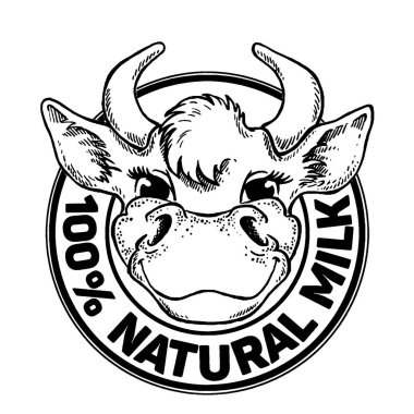 İnekler. Doğal Süt. Süt çiftliği. Etiket, poster ve logoti için klasik vektör oymacılığı. Beyaz arkaplanda izole