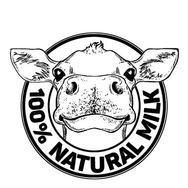 İnekler. Doğal Süt. Süt çiftliği. Etiket, poster ve logoti için klasik vektör oymacılığı. Beyaz arkaplanda izole