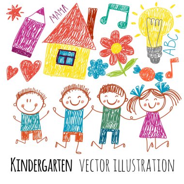 Oyun parkı. Reklam broşürü şablonu. Anaokulu. Çocuklar oynar ve öğrenir. Komik çizgi film erkekleri ve kızları. Çocuklar çiziyor.