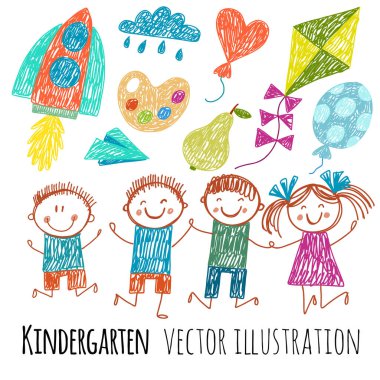 Oyun parkı. Reklam broşürü şablonu. Anaokulu. Çocuklar oynar ve öğrenir. Komik çizgi film erkekleri ve kızları. Çocuklar çiziyor.