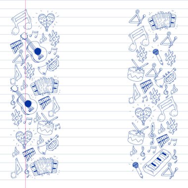 Müzik arka plan desenleri için. Müzik aletleri ile vektör çizim.