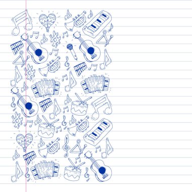 Müzik arka plan desenleri için. Müzik aletleri ile vektör çizim.