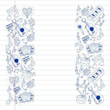 Müzik arka plan desenleri için. Müzik aletleri ile vektör çizim.