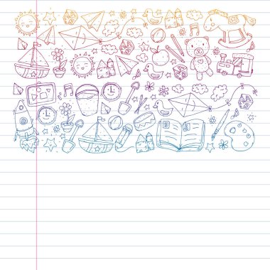 Anaokulu oyuncakları ile. Çocuklar için şablon. Küçük okul öncesi çocuklar eğitim. Oyun çizim, öğrenme,