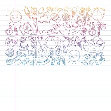 Seyahat ve plaj simgeleri ile vektör deseni.