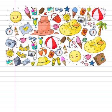 Seyahat ve plaj simgeleri ile vektör deseni.