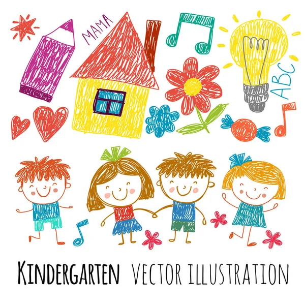 Zona de juegos. Plantilla para folleto publicitario. Jardín de infantes. Los niños juegan y aprenden. Divertidos chicos y chicas de dibujos animados. Dibujo infantil. — Vector de stock