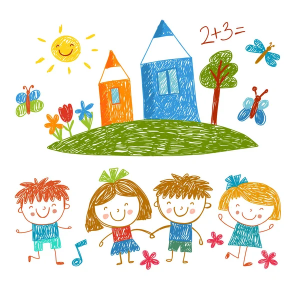 Summer background with crayons and playing kids — Stock Vector