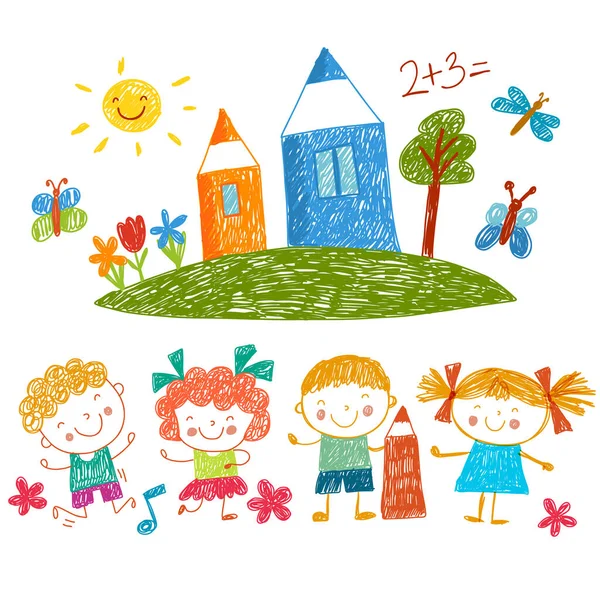Summer background with crayons and playing kids — Stock Vector