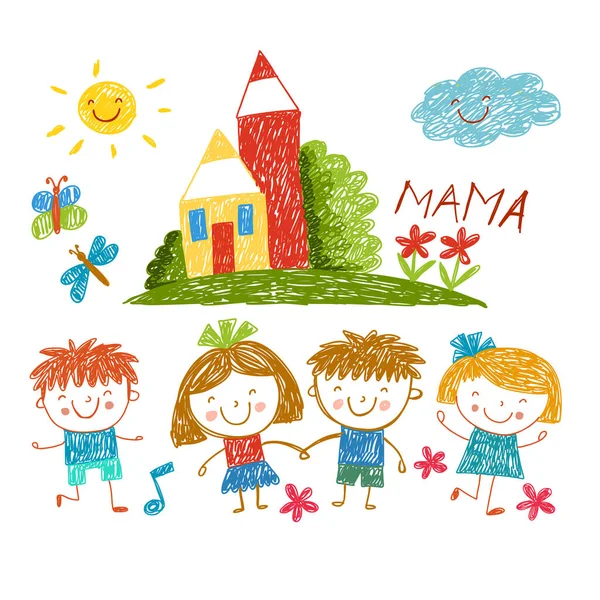 Fondo de verano con crayones y niños jugando — Vector de stock