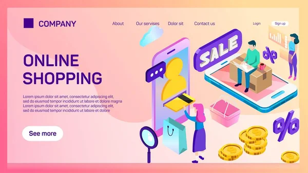 Compras en línea en el sitio web o aplicación móvil Concepto de marketing y marketing digital. — Archivo Imágenes Vectoriales