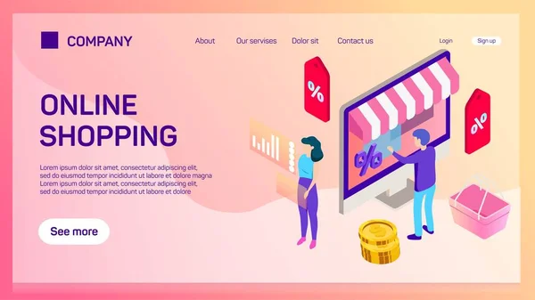 Compras en línea en el sitio web o aplicación móvil Concepto de marketing y marketing digital. — Archivo Imágenes Vectoriales