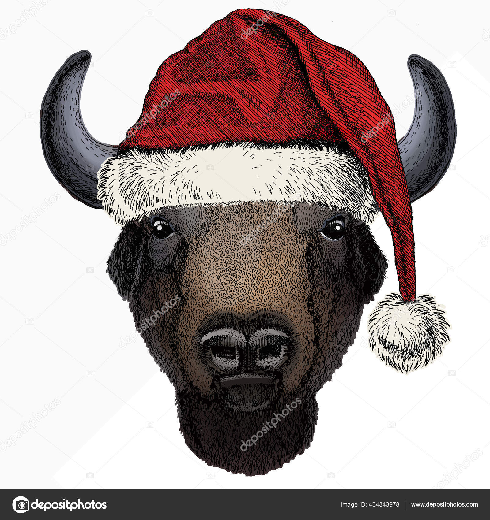 Vektor Bison Kepala Topi Natal Santa Claus Potret Banteng Kerbau Stok Vektor C Helen F 434343978