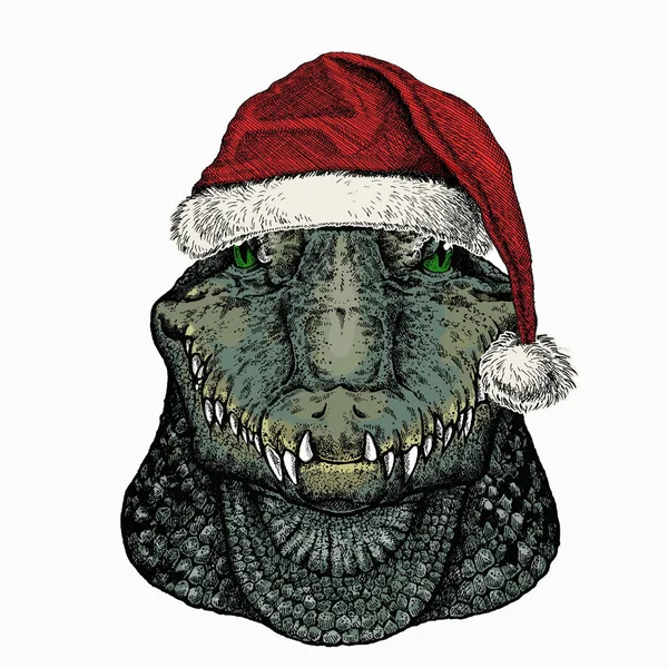 Kerstdier. Krokodillenkop. Kerst rode Kerstman hoed. Alligatorportret. Afrikaanse wilde dieren. — Stockvector