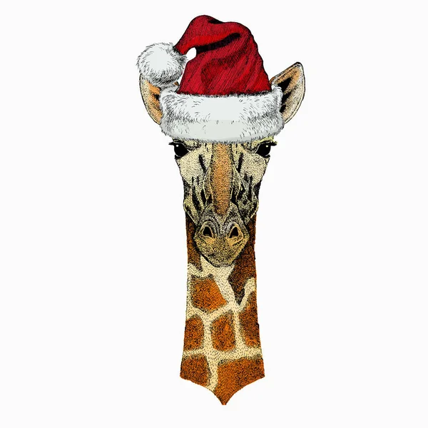 Portret wektora żyrafy. Świąteczny czerwony kapelusz Świętego Mikołaja. Głowa afrykańskiego zwierzęcia safari. — Wektor stockowy