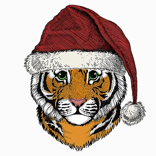 Baby tijger, kleine tijger voor kinderen. Kerstdier. Kerstrood Kerstman hoed. — Stockvector