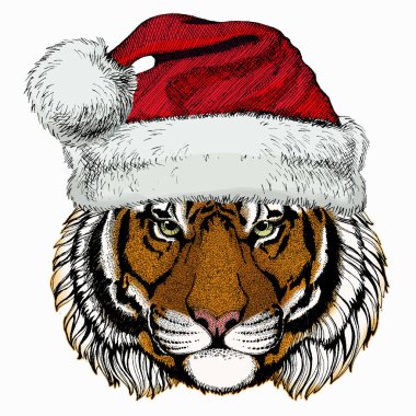 Vektör kaplan portresi. Noel kış hayvanı. Hayvan kafası. Noel Baba kırmızı şapkası.