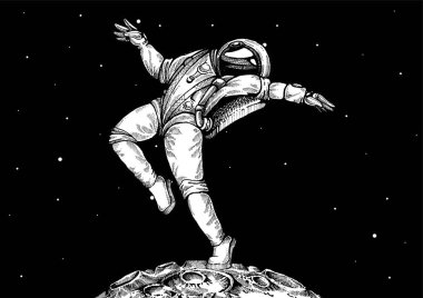 Düz tasarım, Astronot Ay 'da duruyor. Vektör çizimi. Tişört, poster, afiş için yazdır.
