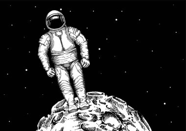 Düz tasarım, Astronot Ay 'da duruyor. Vektör çizimi. Tişört, poster, afiş için yazdır.