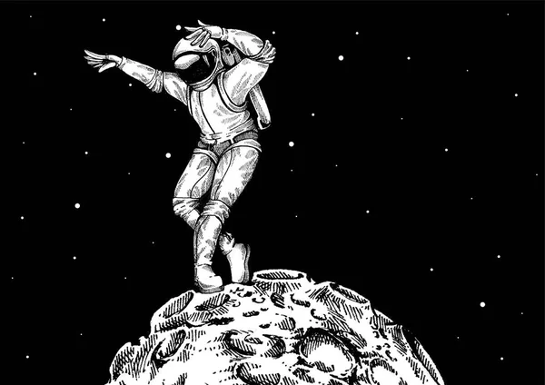Плоский дизайн, астронавт стоит на Луне. Векторная иллюстрация. печать для футболки, плаката, баннера. — стоковый вектор