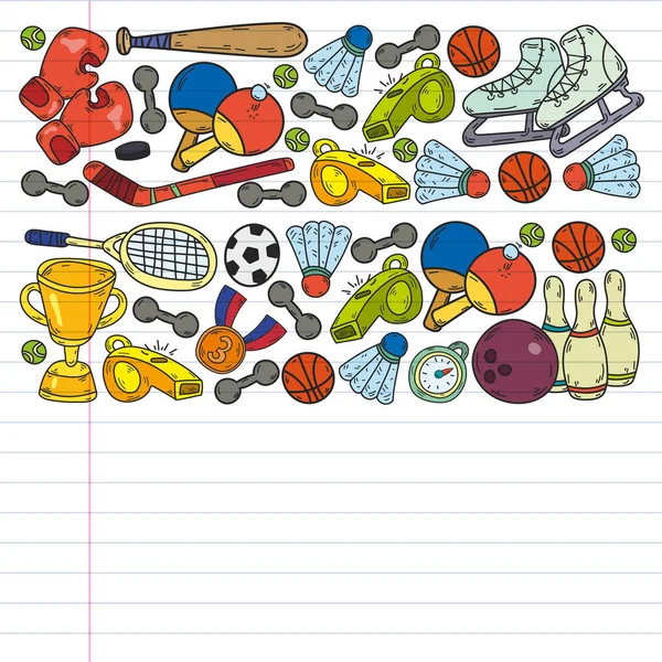 Vector pattern with sport elements. Fitness, games, exercises. Doodle icons  in kids drawing style Stock Vector by ©Helen_F 423980586