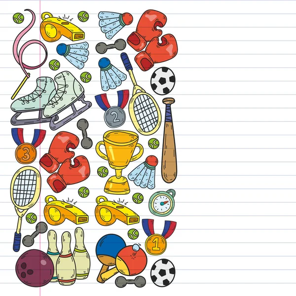 Vector pattern with sport elements. Fitness, games, exercises. Doodle icons  in kids drawing style Stock Vector by ©Helen_F 423980586