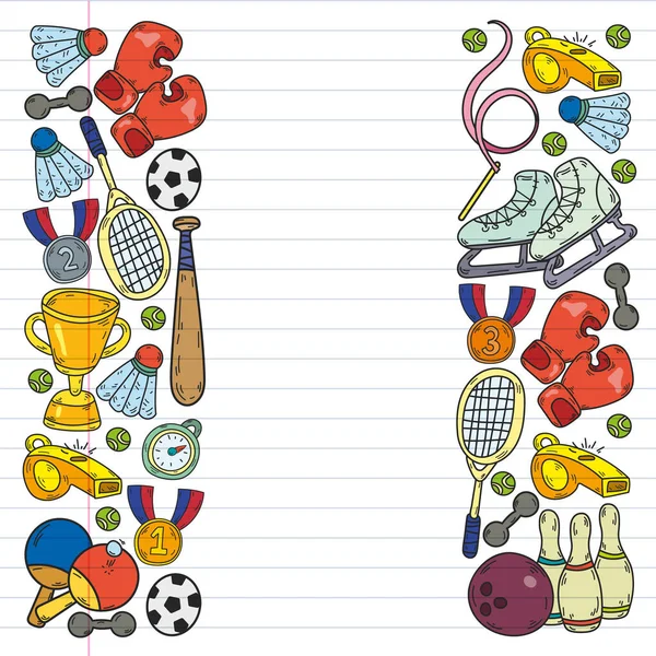 Fitness a sportovní vektorové ikony pro web a mobil. Tenis, baseball, volejbal, tělocvična, hokej. — Stockový vektor
