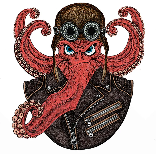 Octopus vector portrait. Sea marine creature, beast. Aviator motorcycle biker helmet with glasses — 스톡 벡터