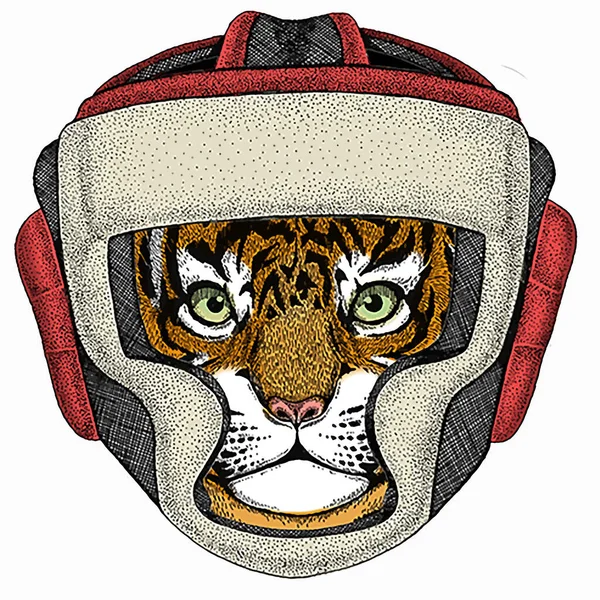 Baby tiger, small little tiger for children. Animal wearing boxer helmet. — Stockvector