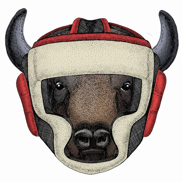 Vector bison head. Portrait of bull, buffalo. Animal wearing boxer helmet. — Vector de stock