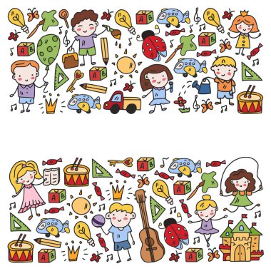 Okul, sevimli vektör çocukların olduğu anaokulu. Dans, şarkı, resim, online eğitim. Yaratıcılık ve hayal gücü.