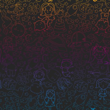 Anaokulu çocukları. Çocuklar için çizilmiş nesneler. Oyuncaklar, oğlanlar ve kızlar. Vektör ana hatları simgeleri