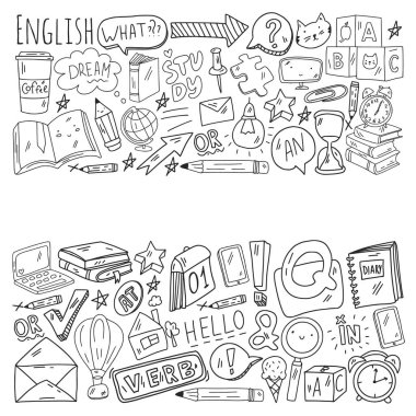 İngilizce öğrenme kavramı. Çevrimiçi dil kursları. E-öğrenme. Vektör simgeleri ile desen.