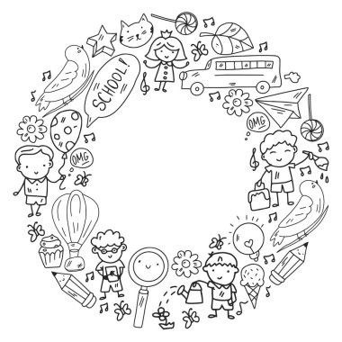 Okul eşyalarıyla vektör deseni. Çevrimiçi internet eğitimi, e-öğrenme.