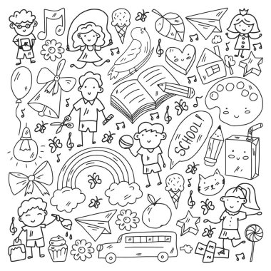 Okul eşyalarıyla vektör deseni. Çevrimiçi internet eğitimi, e-öğrenme.