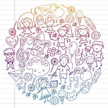 Anaokulu çizen çocuklar. Mutlu çocuklar. Çocuklar için illüstrasyon oynuyorlar.