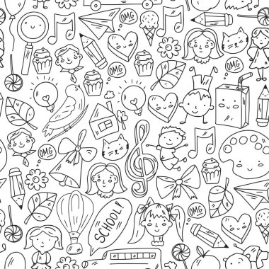 Okul eşyalarıyla vektör deseni. Çevrimiçi internet eğitimi, e-öğrenme.