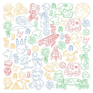 Çocuklar anaokulunda oyuncaklarla oynarlar. Çocuk parkı. Eğitim, yaratıcılık, hayal gücü.