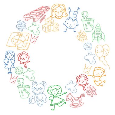 Okul, anaokulu. Mutlu çocuklar. Yaratıcılık, çocuklarla ilgili hayal gücü simgeleri. Oyun, ders çalışmak, büyümek Mutlu öğrenciler Bilim ve araştırma Macera Keşfi