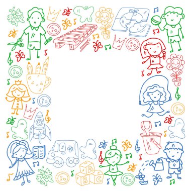 Vektör deseni. Anaokulu ve oyuncaklar. Küçük bir çocuk oyunu. Çocuk parkı. Eğitim, yaratıcılık, hayal gücü.