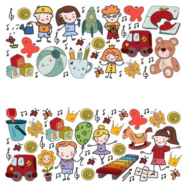 Vektör deseni. Anaokulu ve oyuncaklar. Küçük bir çocuk oyunu. Çocuk parkı. Eğitim, yaratıcılık, hayal gücü.