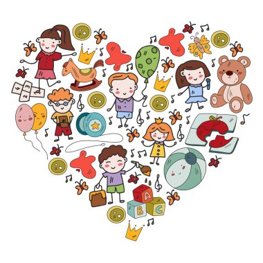 Vektör deseni. Anaokulu ve oyuncaklar. Küçük bir çocuk oyunu. Çocuk parkı. Eğitim, yaratıcılık, hayal gücü.